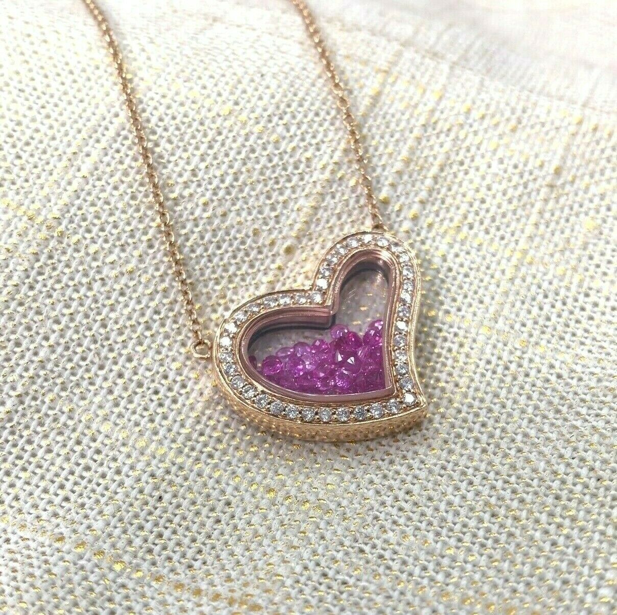 2.10 Carats t.w. Pink Sapphire and Diamond Heart Pendant 14K Rose Gold w Chain