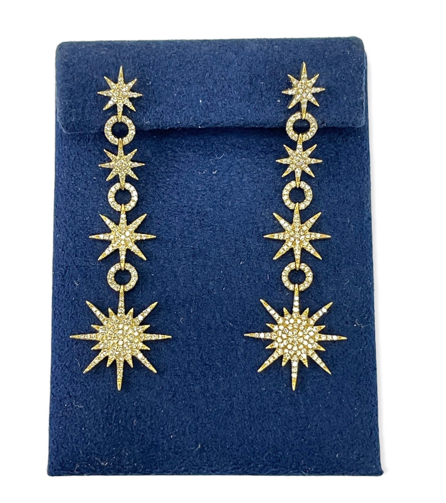 Starburst Round Brilliants Diamond Drop Earrings Micro Pave Yellow Gold