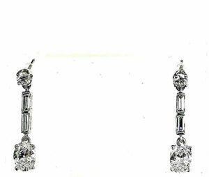 2.20 Carats t.w. Round Oval and Baguette Diamond Dangle Earrings 14K White Gold