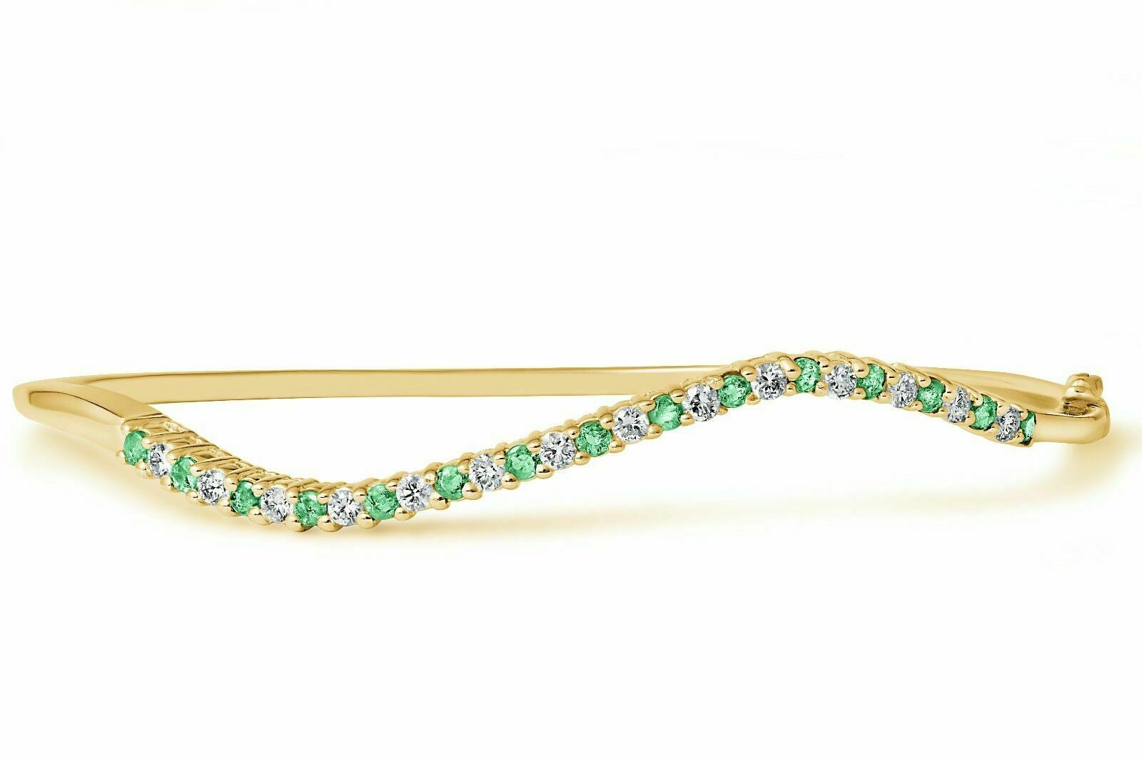 14k Yellow Gold Diamond and Emerald Round Cut Accent Bangle Bracelet
