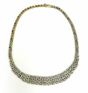 Solid 14 Karat Yellow Rose White Tri Gold Interwoven Diamond Cut Necklace Italy