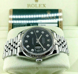 Rolex 36 MM Factory Diamond Datejust 18 Karat White Gold Steel Watch Ref #116234