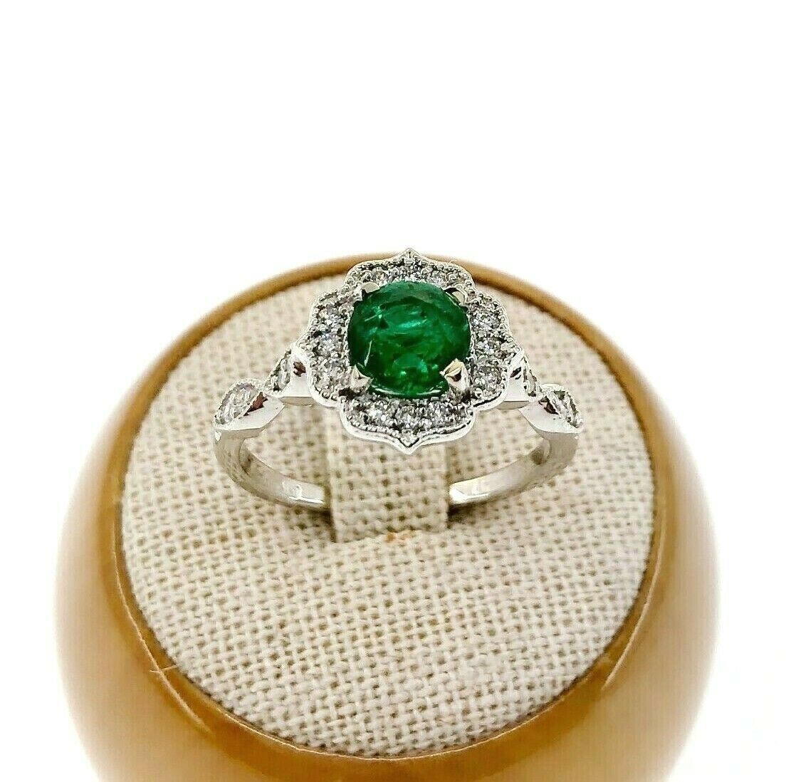 1.37 Carats t.w. Diamond and Emerald Halo with Accents Pave Ring 14K Gold