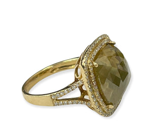 Natural Fancy Green Cushion Rustic Diamond Ring Double Halo Yellow Gold 14kt