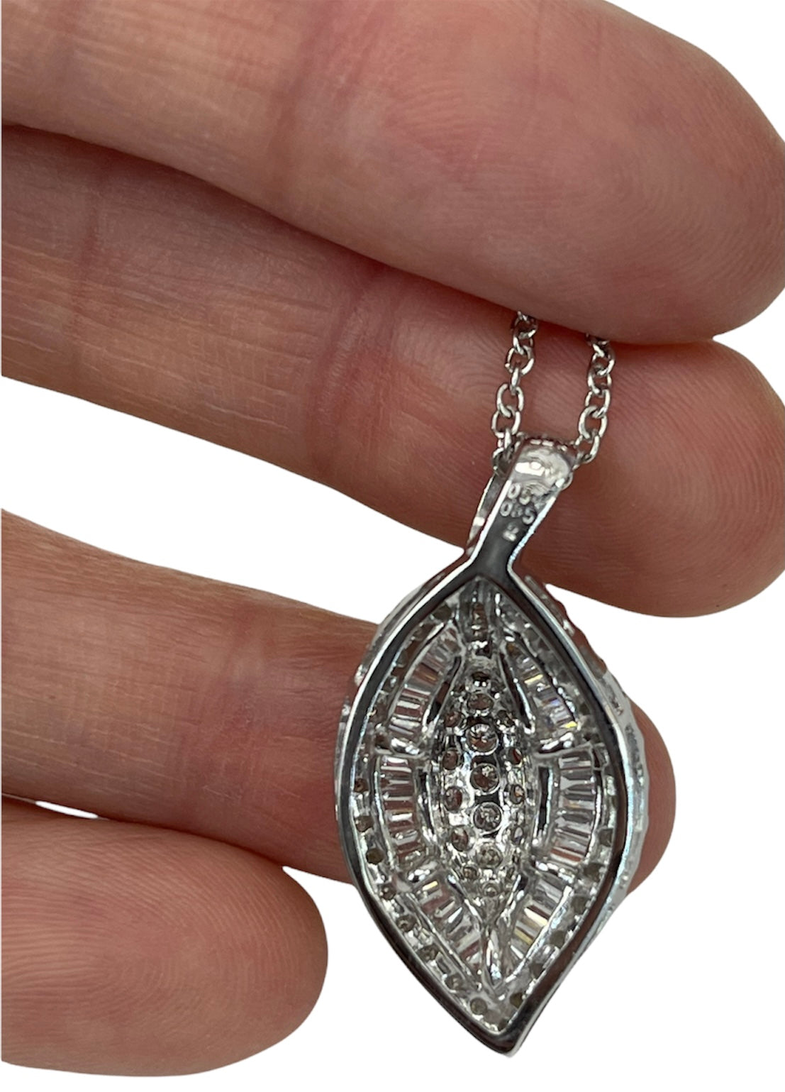 Drop Leaf Baguettes and Round Brilliants Diamond Pendant Necklace White Gold