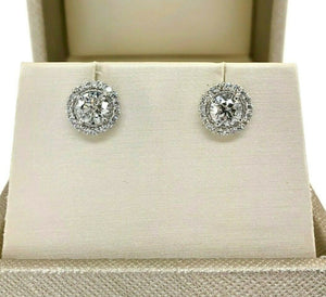 1.51 Carats t.w. Round Diamond Halo Stud Prong Set Earrings 14K White Gold
