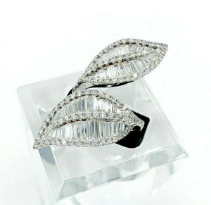 3.60 Carats Baguette & Round Diamond Double Leaves Ring1.60 Inch Length 18K Gold