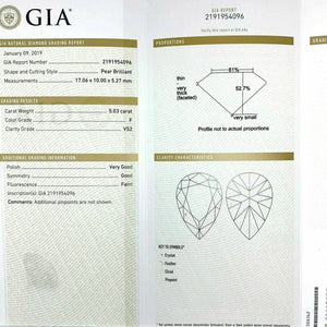 Loose GIA Diamond 5.03 Carats GIA F Color VS2 Pear Shape Diamond 17.06 x 10 MM