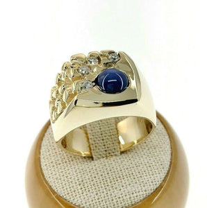 2.10 Carats Mens Nugget Diamond and Blue Star Sapphire Ring 14K Yellow Gold