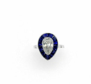 2.10 Carats Antique Pear and Blue Sapphire Engagement Ring 0.90 Carats Platinum