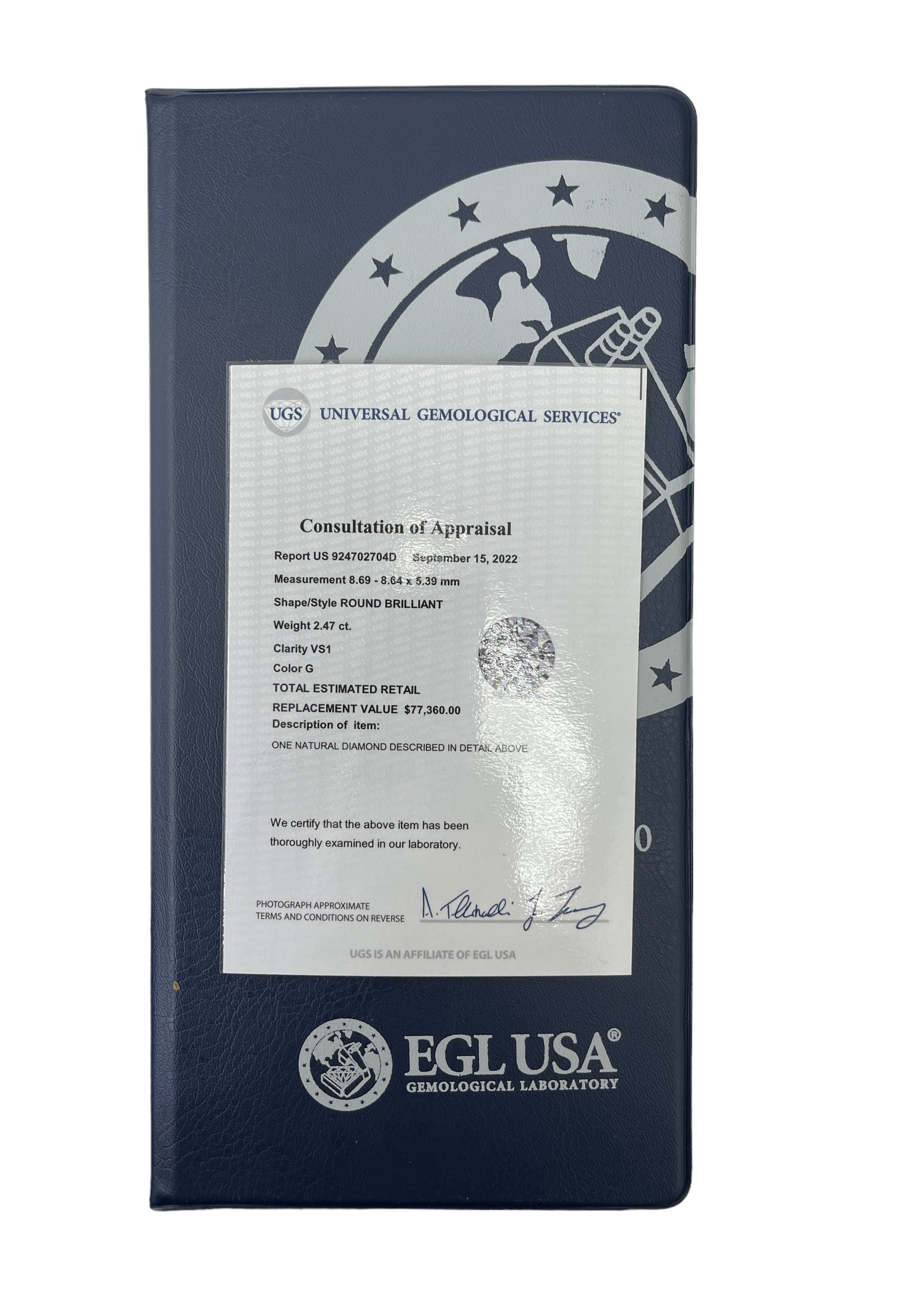 2.47 Carats G-VS1 Round Brilliants Diamond EGL-USA Certified FREE SETTING