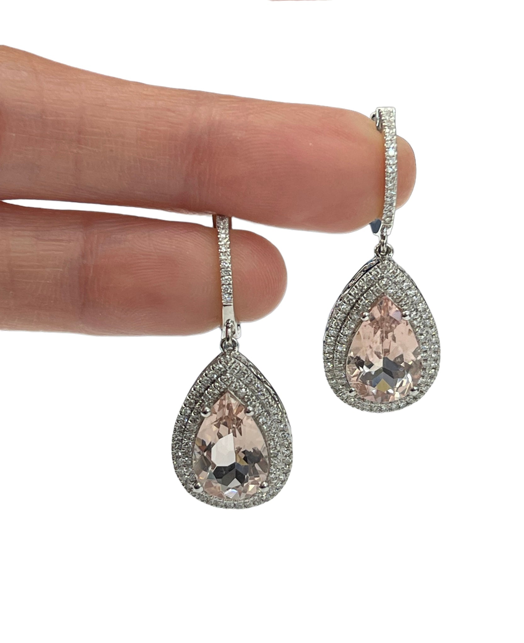 Morganite Gem Diamond Dangling Earrings White Gold 14kt