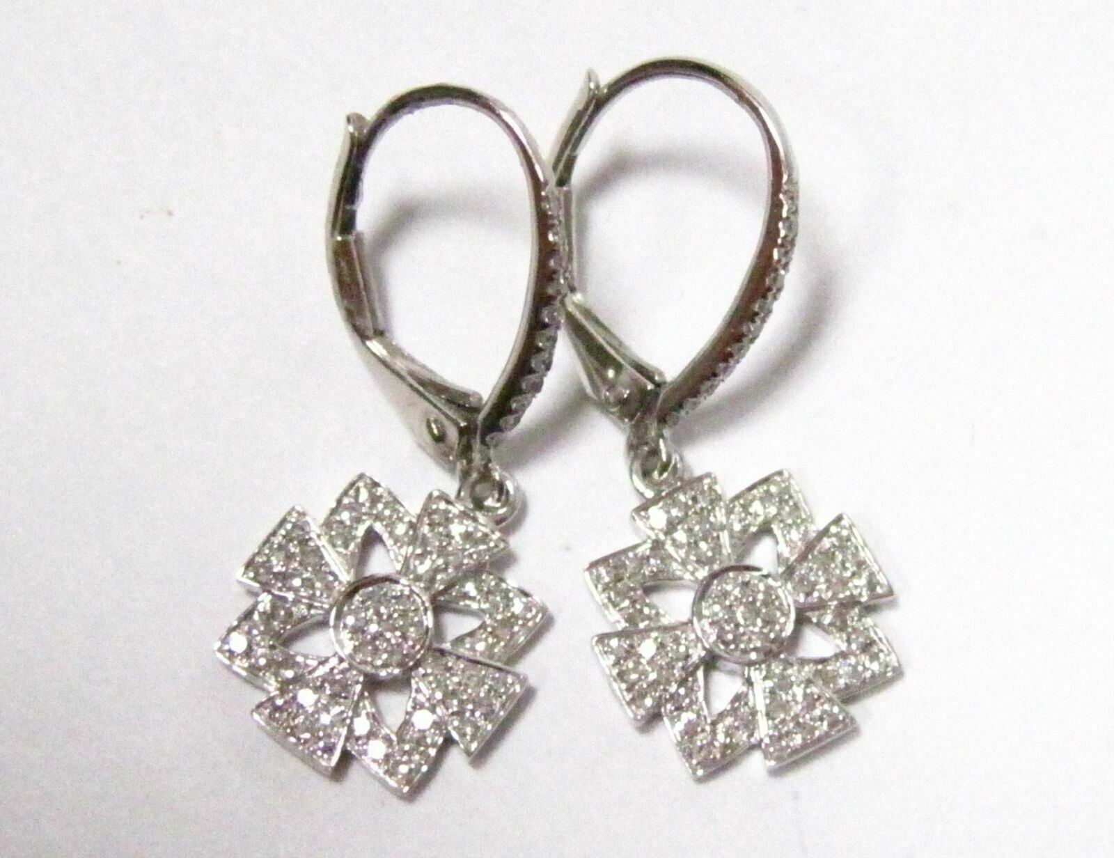 Round Cut Micro-Pave Diamond Cross Shape Dangling Earrings H VS2 14k White Gold
