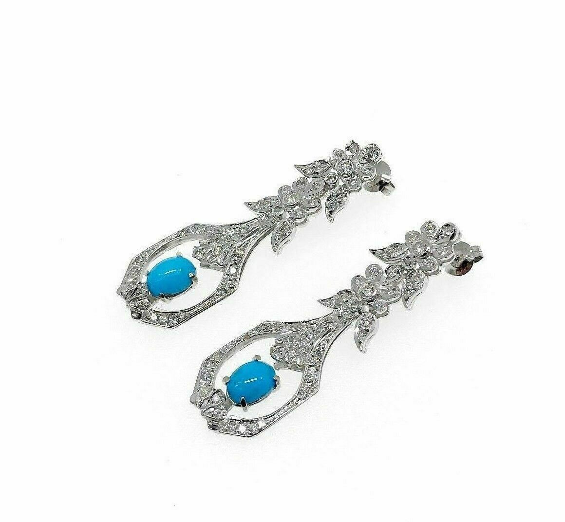 Turquoise and Diamond Dangle Drop Earrings in 14K White Gold 1.15 Carat Diamond