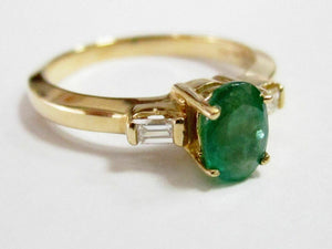 .89Ct Oval Green Emerald & Round Diamonds Solitaire Ring Size 7 14k Yellow Gold