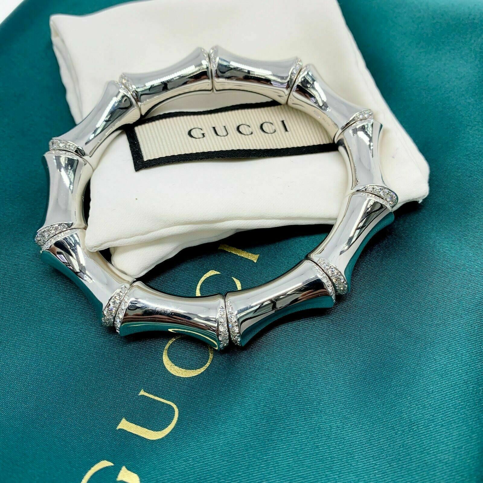 GUCCI Italian Made Jumbo 18K White Gold Factory Diamond Bamboo Stretch Bracelet