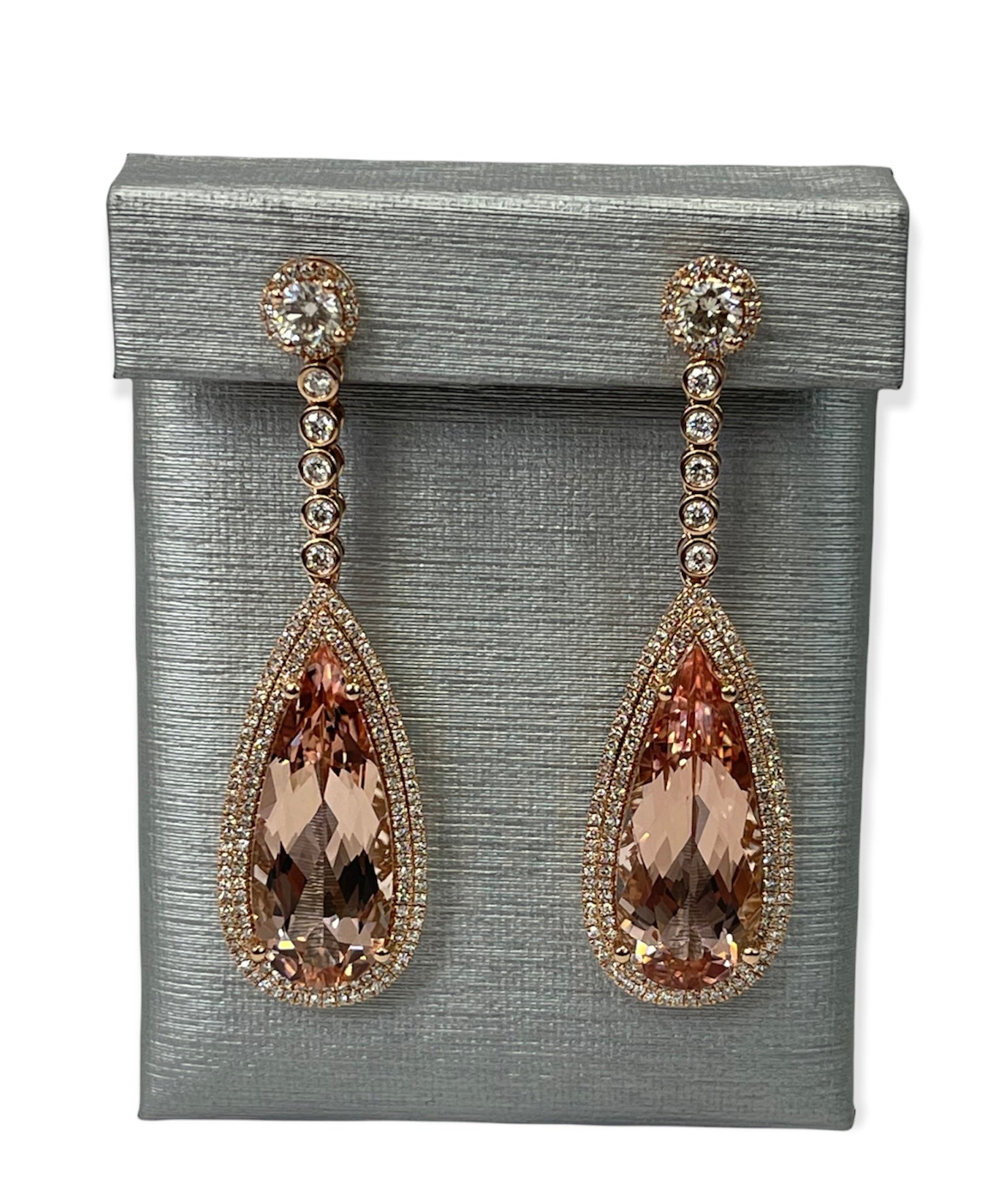 Morganite Gem 18.97 Carats Dangling Diamond Earrings Rose Gold 14kt