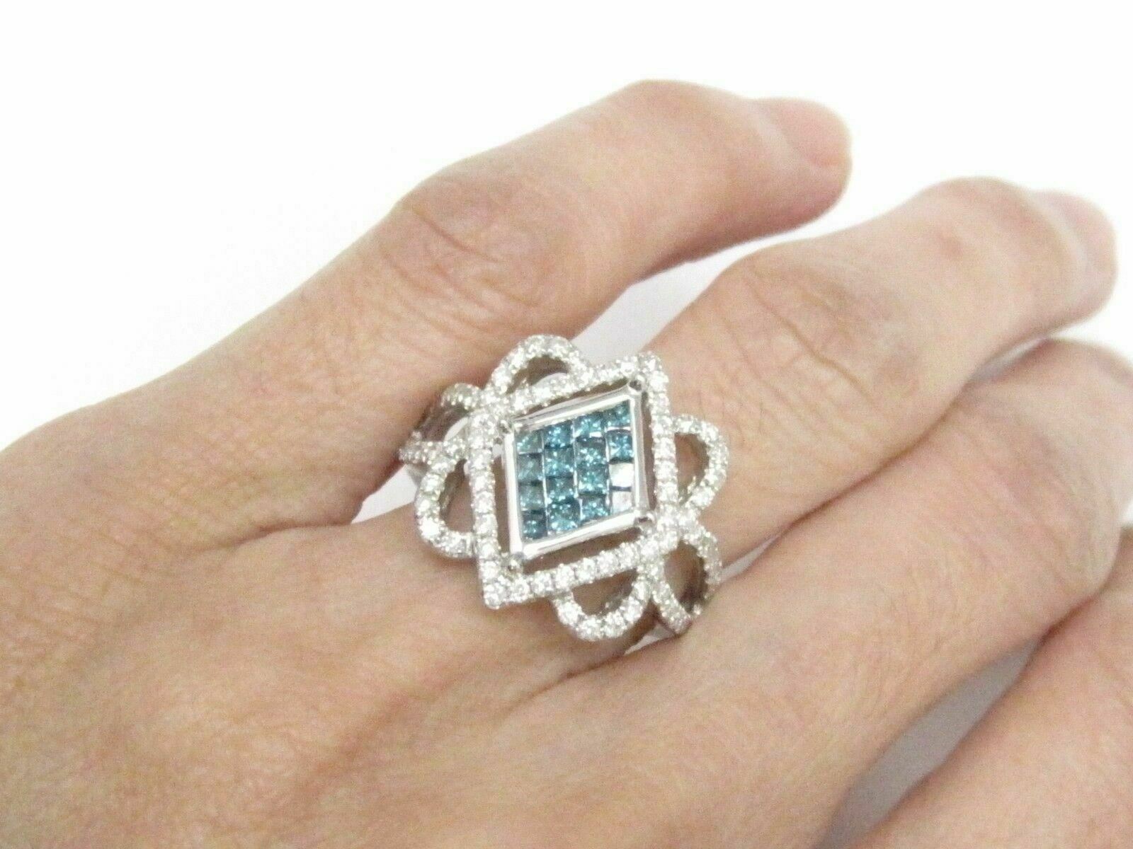 1.30 TCW Natural Round Blue & White Diamonds Square Cocktail Ring Size 7 14kt WG