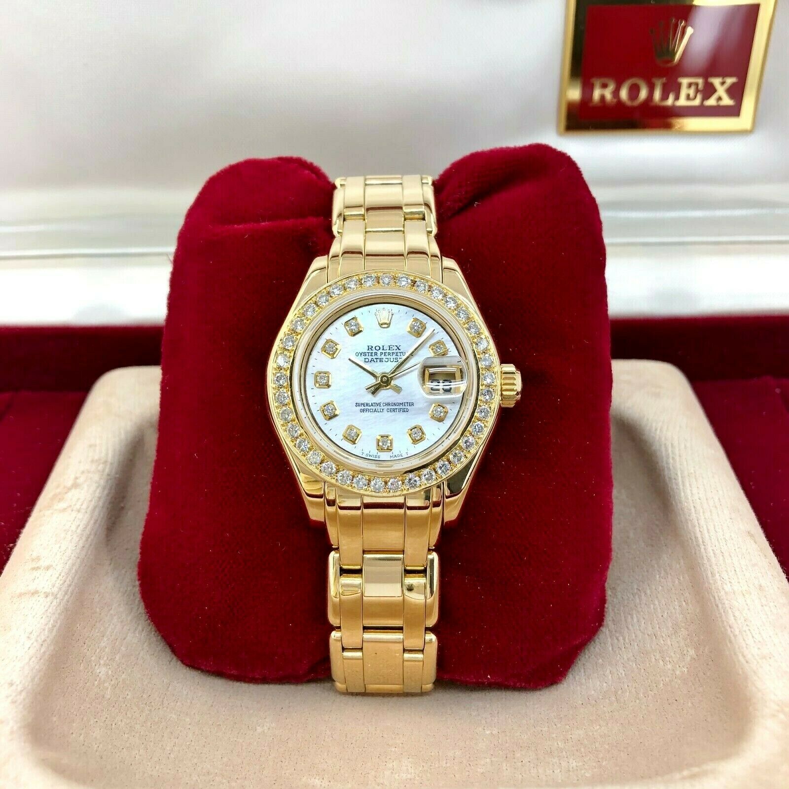 Rolex 29MM Pearlmaster 18k Yellow Gold Diamond MOP Dial and Bezel Ladies Watch