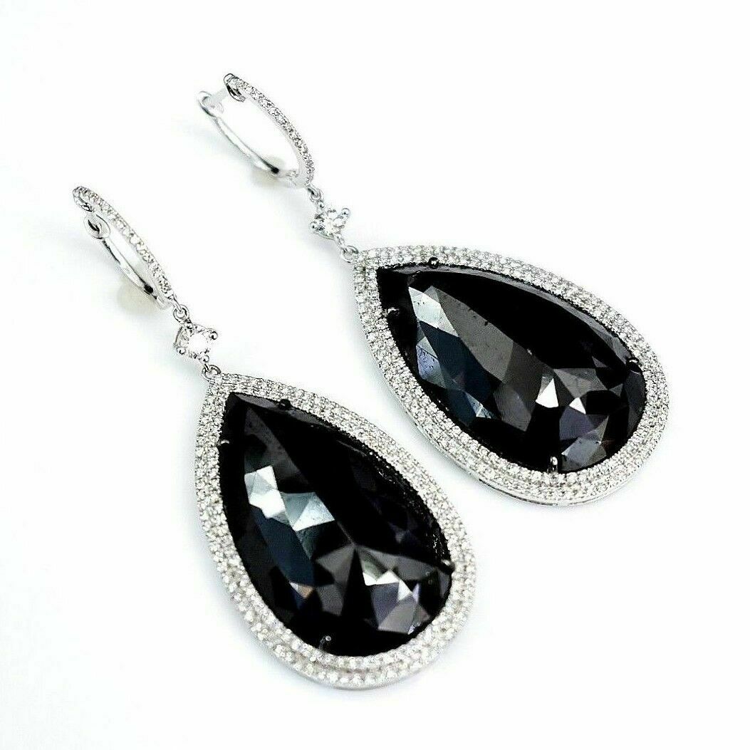 34.45 ct Black Pear Diamond Double Halo Dangle Drop Earrings in 14K White Gold