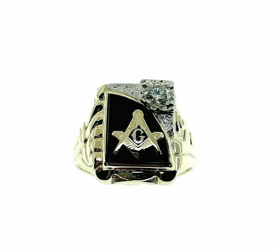 0.40 Carat H VS 2 Vintage Masonic Mens Diamond Two Tone Ring 14K Yellow Gold
