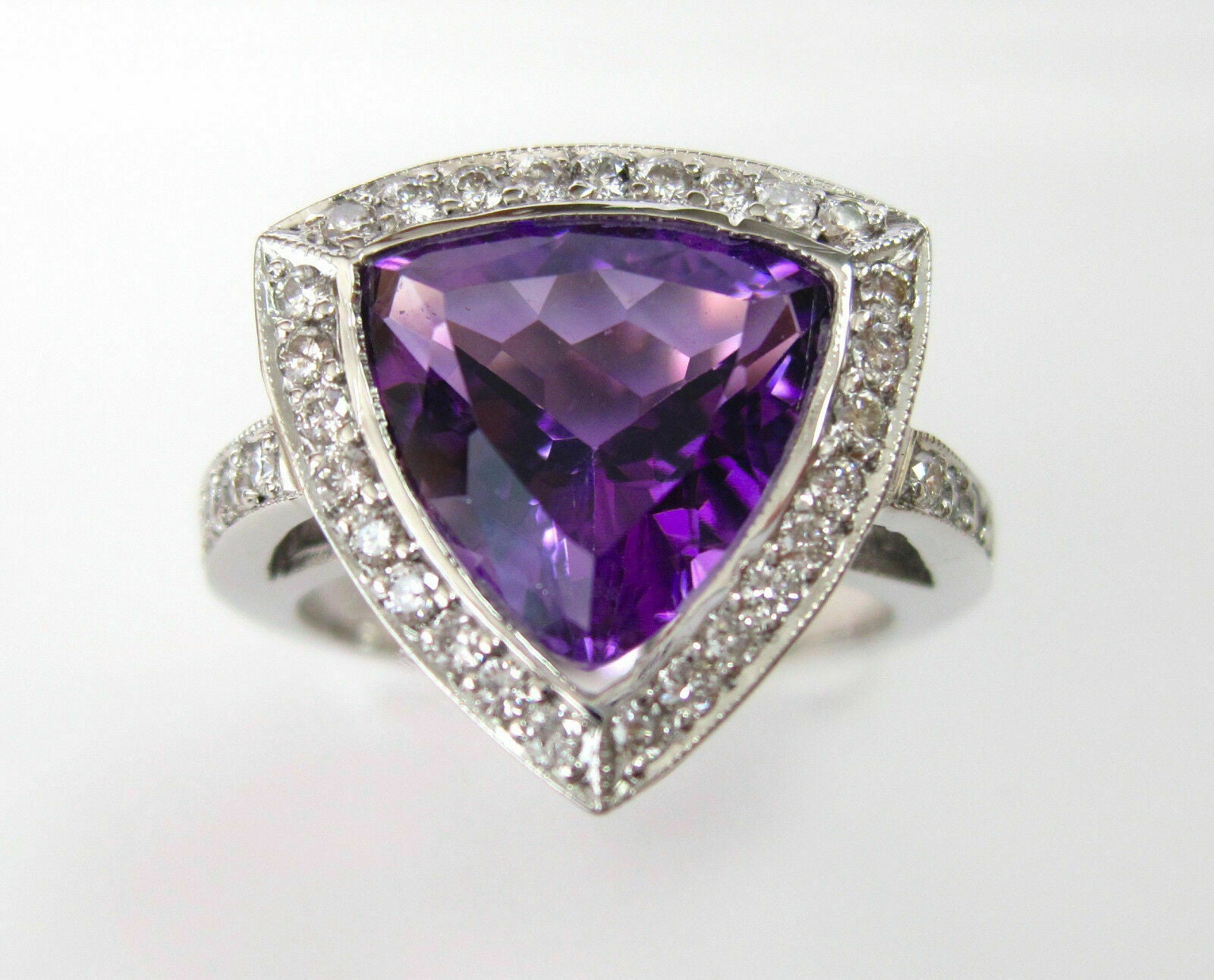 3.90TCW Natural Trillion Amethyst w/ Diamond Accents Solitaire Ring Sz 6 14k WG
