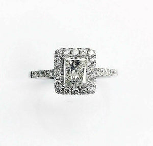 1.04Cts Princess Cut w/ Round Halo Accents Diamond Engagement Ring J VS1 18k WG