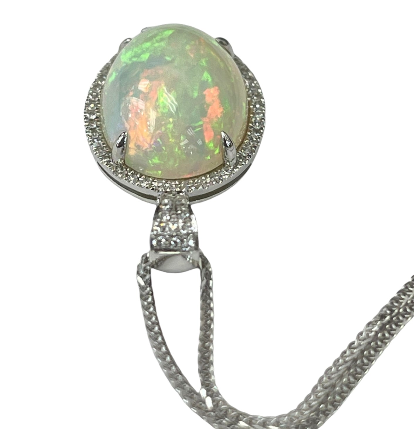 Opal Gem Oval Diamond Pendant Necklace White Gold 14kt