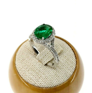 1.80 Carats t.w. Diamond and Emerald Halo/Under Halo 3 Sided Pave Ring 14K Gold