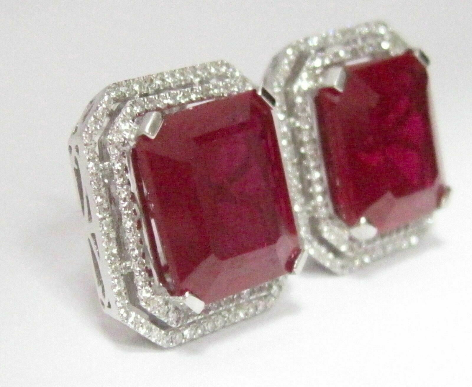 24.02 TCW Radiant Red Ruby & Diamond Accents Stud Earrings 18k White Gold