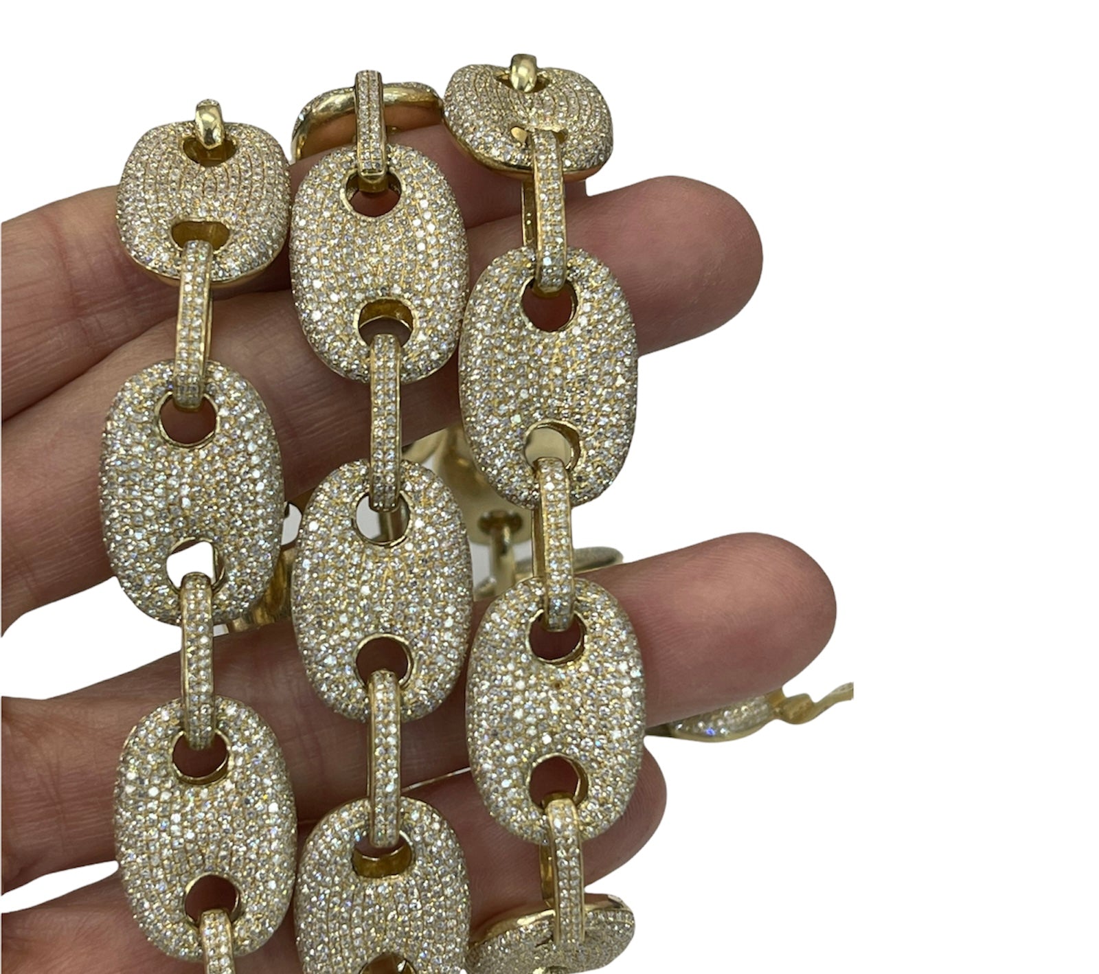 Cuban Bean Link Round Brilliant Diamonds Micro Pave Chain Necklace Yellow Gold