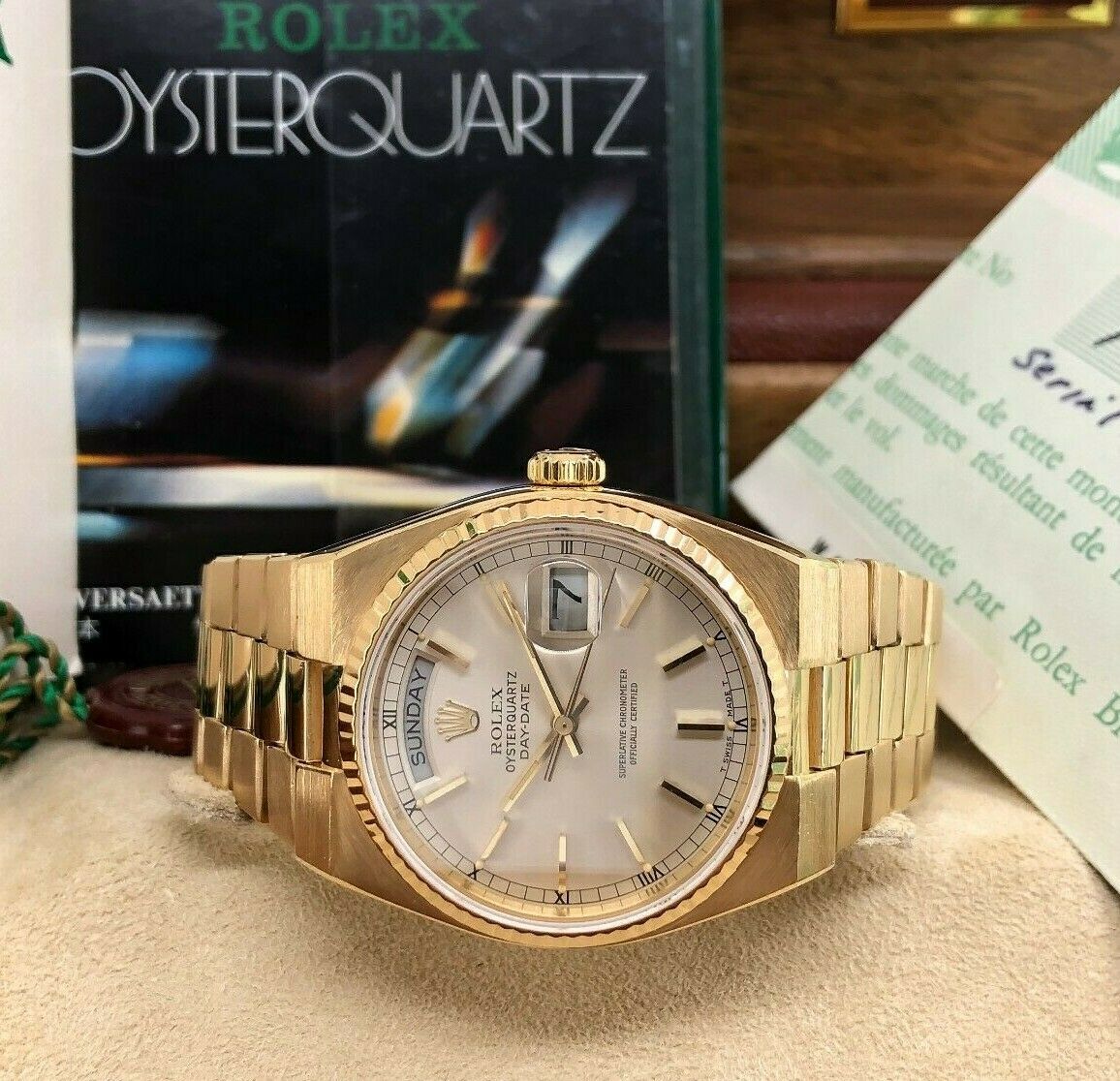 Rolex 36mm Day Date President Quartz 18k Yellow Gold Ref 19018 Box and Papers