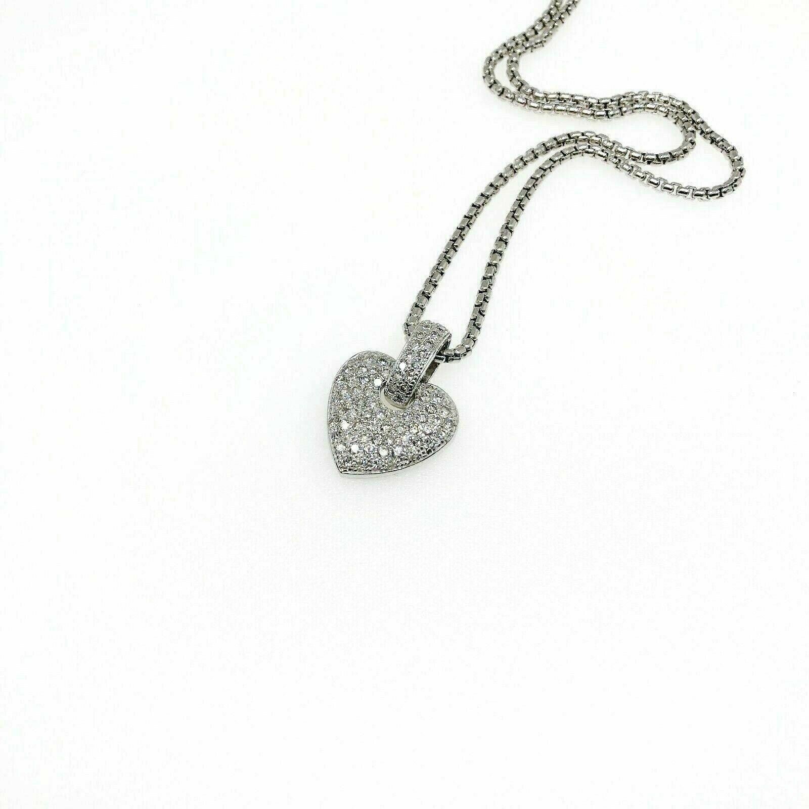 2.00 Carats Micro Pave Diamond Heart Pendant 14K White Gold w 14K Chain