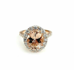 3.88 Carats Diamond and Oval Morganite Halo Cocktail Ring 14K Rose Gold New
