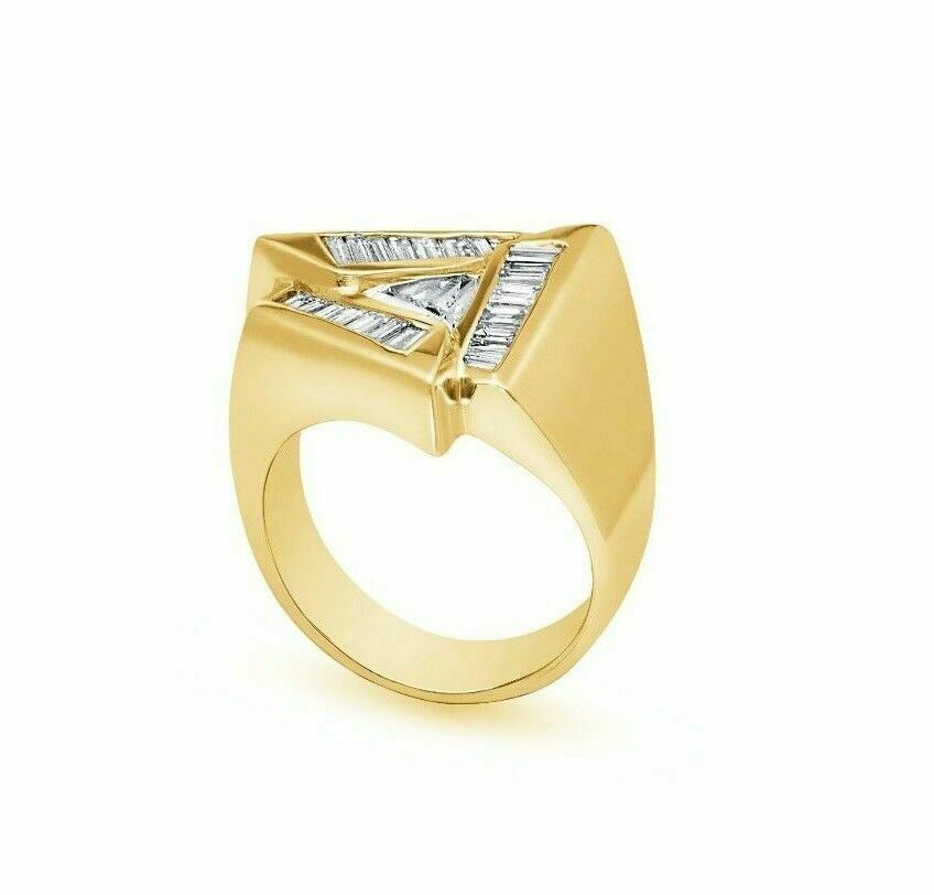 1.75 TCW Trillion White Diamond with Baguette Sides 14k Yellow Gold Ring sz 6.5