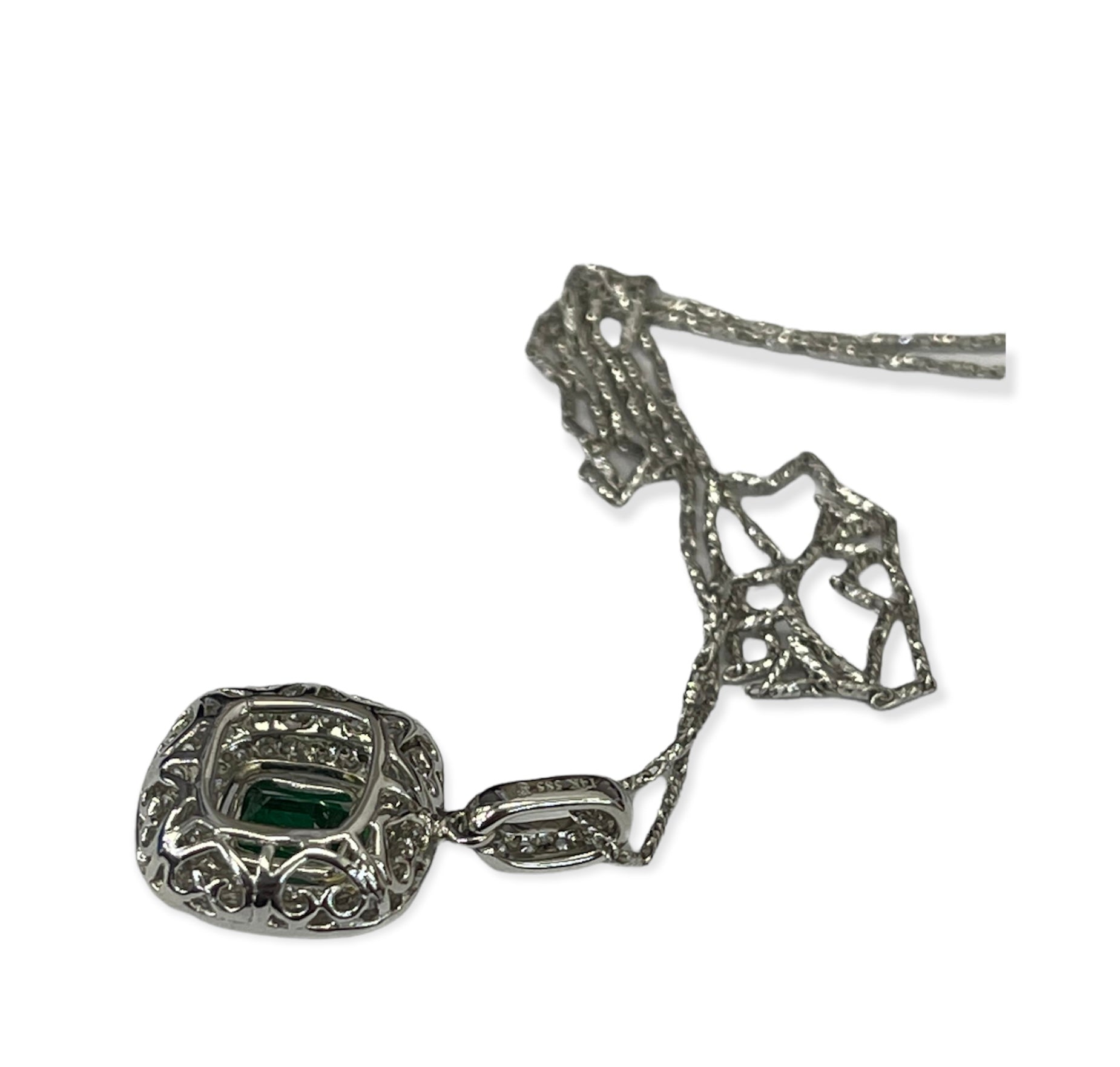 Emerald Gem Double Halo Cushion Diamond Pendant with Chain 14kt