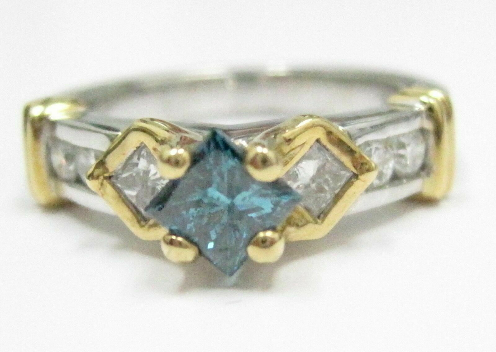 1.78 Natural Blue & White Princess & Round Cut Diamond Ring Size 7 14k WG