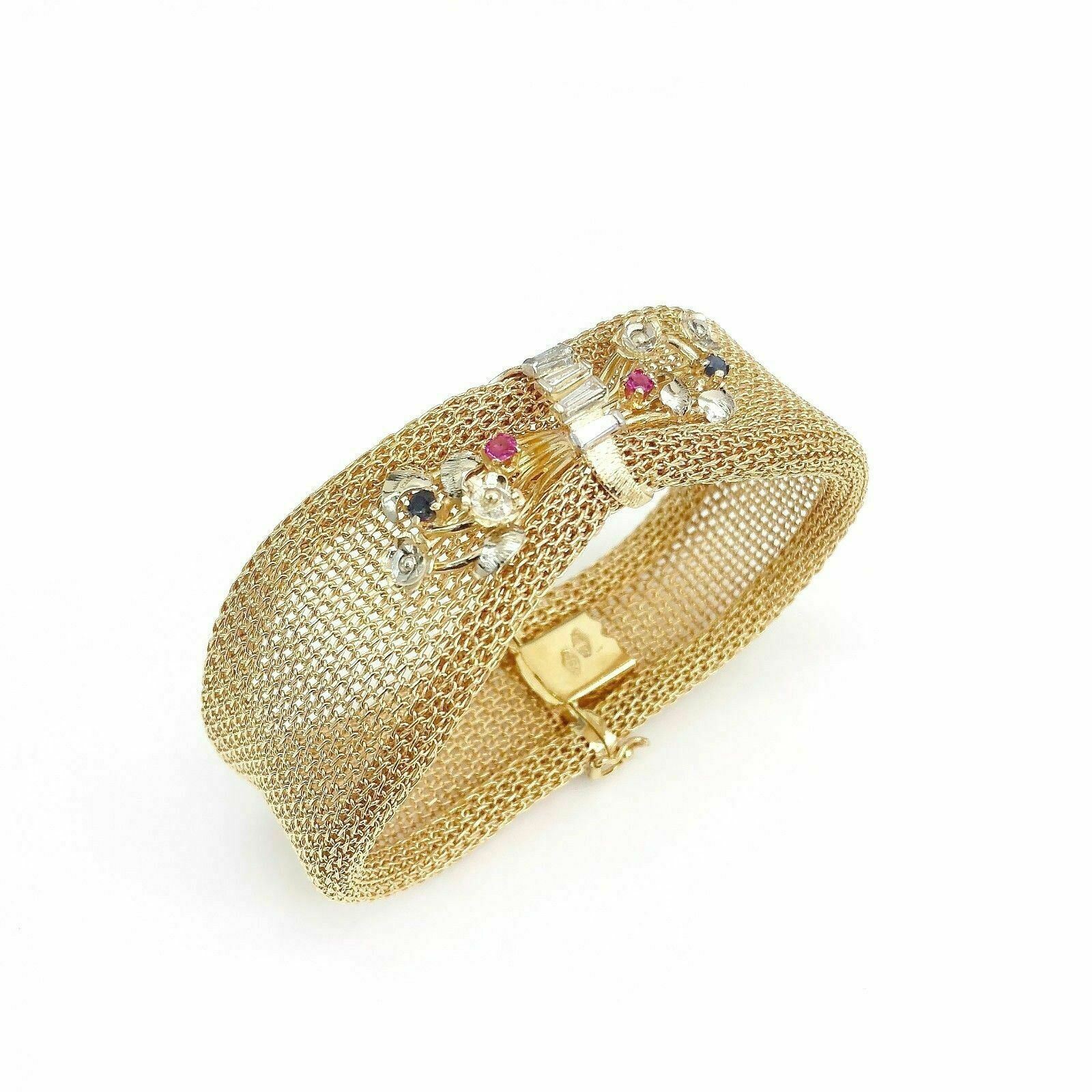 18K Rose Gold Vintage Mesh Diamond Sapphire and Ruby Bracelet 1 Inch Width