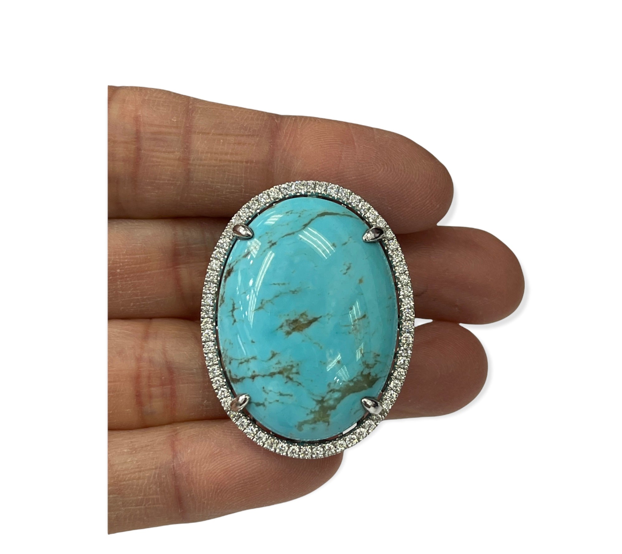 Huge Turquoise Gem Diamond Ring White Gold 14kt