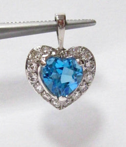 3.26 TCW Natural Heart Shape Blue Topaz & Diamond Pendant G SI1 14k White Gold