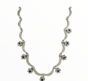Sapphire Gem Diamond Flower Necklace White Gold 14kt