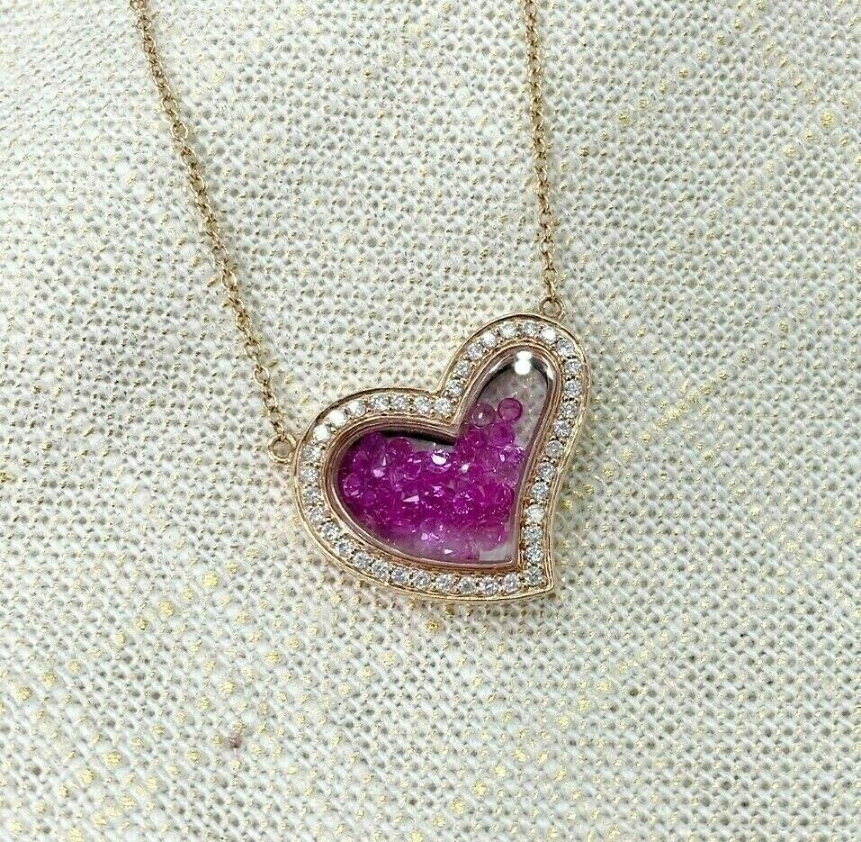 2.10 Carats t.w. Pink Sapphire and Diamond Heart Pendant 14K Rose Gold w Chain