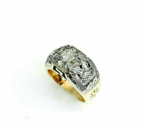 0.60 Carat Vintage Old Euro Masonic Mens Diamond Two Tone Ring 14K Gold