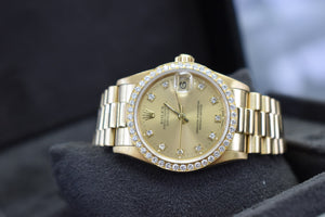 31mm President Mid-Size Rolex Dia Dial and Diamond Bezel Watch 18k Yellow Gold