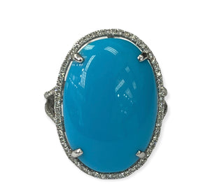 Turquoise Gem Elongated Oval Diamond Ring Solitaire Halo White Gold 18kt
