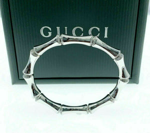 GUCCI Italian Made 18K White Gold Factory Diamond Bamboo Stretch Bracelet Size17