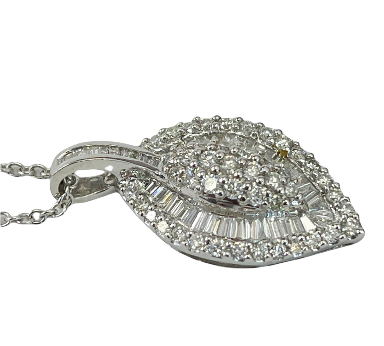 Drop Leaf Baguettes and Round Brilliants Diamond Pendant Necklace White Gold