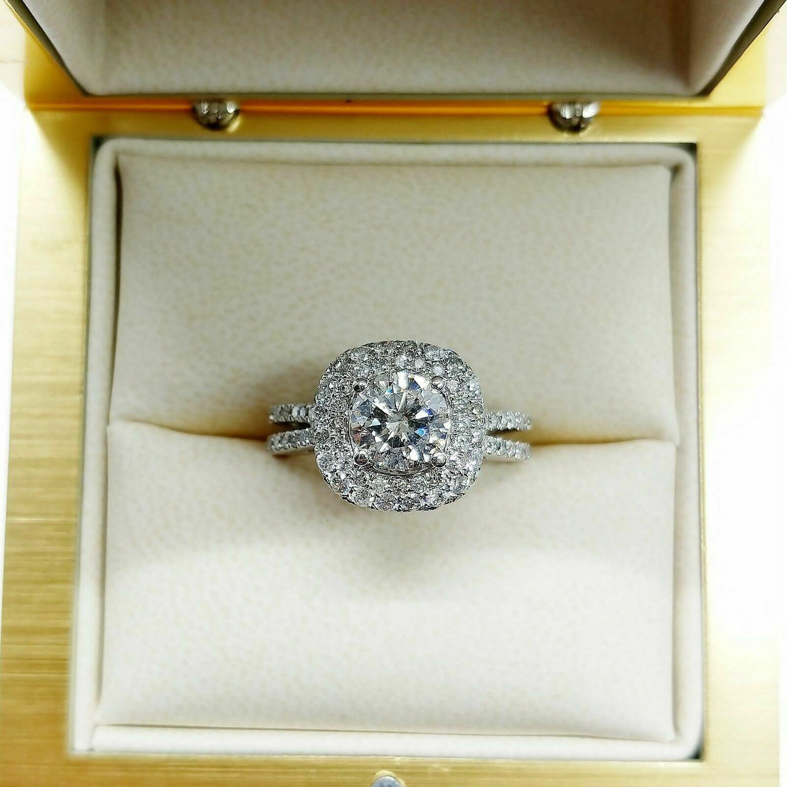 2.07 Carats t.w. Puffed Halo Diamond Engagement Ring Center 0.96 Carat 14K White