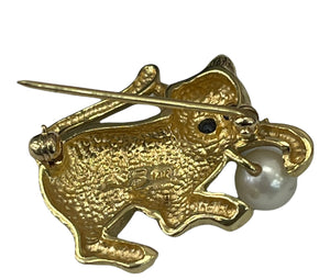 Vintage Pin Animal Theme Cat with Pearl And Sapphire Accents Yellow Gold