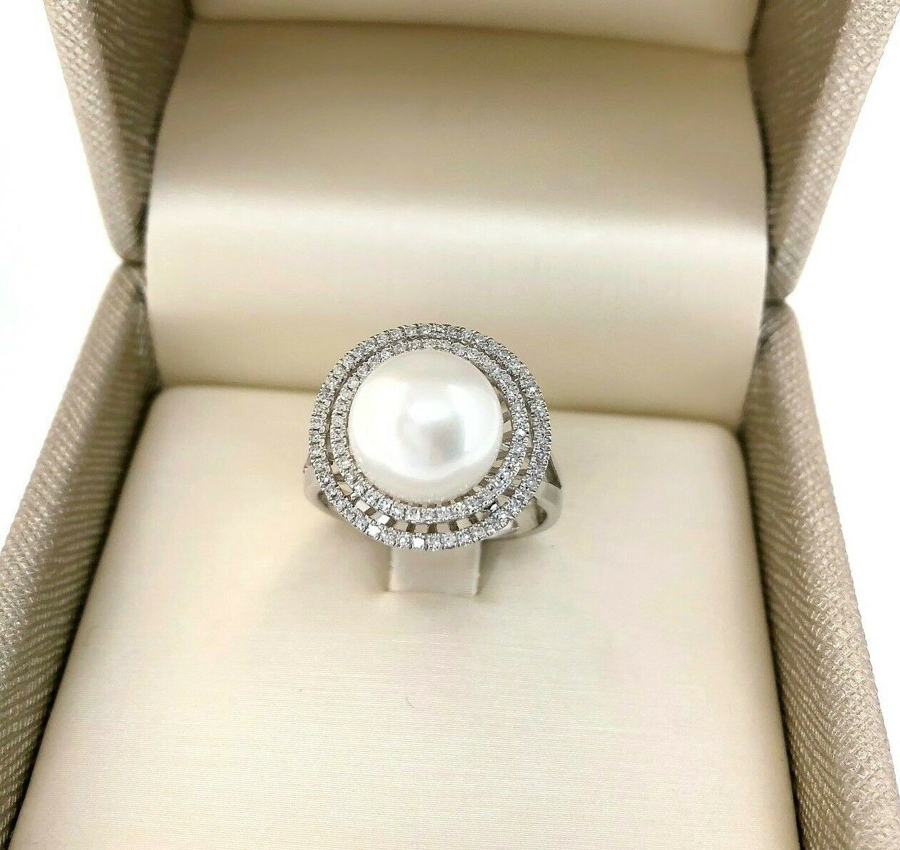 0.30 Carat Diamond & 10.5 mm Round Pearl Double Halo and Split Shank Ring 14K